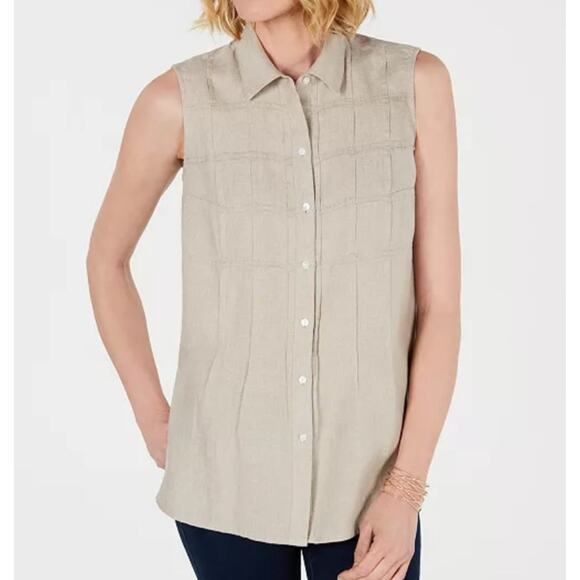 Beige Linen Sleeveless Tunic Small Grid Pintucks - Picture 1 of 6